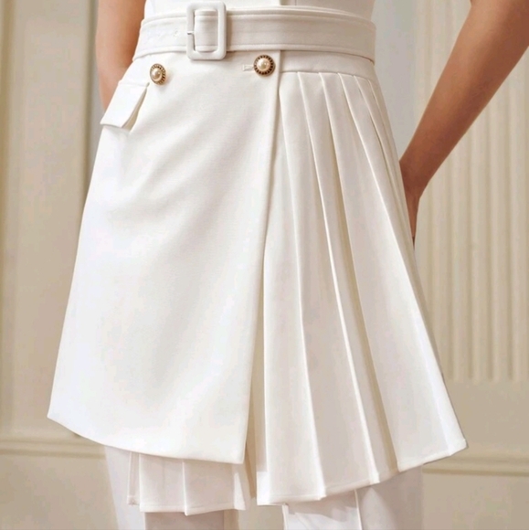 PEAK COLLAR DOUBLE BREASTED PLACKET BUCKLE BELTED PLEATED PANEL HEM WAISTCOAT - Picture 5 of 5